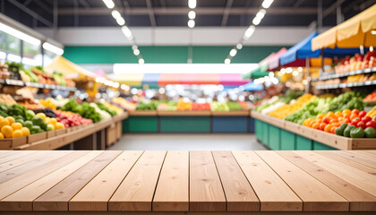 Brightly Lit Grocery Store Interior with Long Produce Section and Wooden Shelves