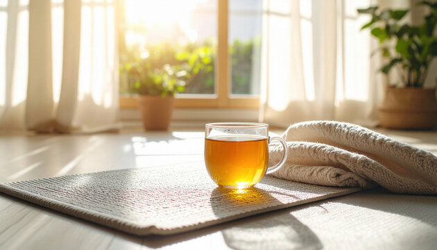 Herbal tea in a glass mug on a yoga mat, a folded cotton blanket next to it, sunlight from the window, healthy lifestyle - Powered by Adobe