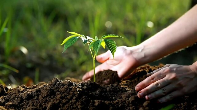 Hands planting a sapling in moist forest soil