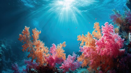 Obraz premium Vibrant coral reefs with pink and orange corals illuminated by sunlight underwater in a clear blue ocean