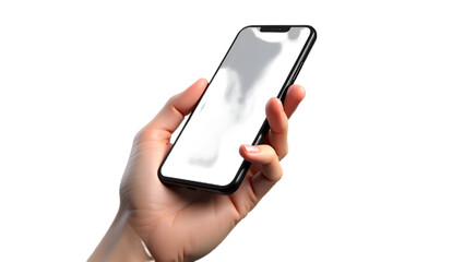 hand holding a modern smartphone, isolated on transparent background—ideal for tech, communication, and mobile app designs.
