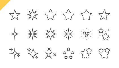 Stars icon set. Sparkle sign. Sparks / Shine / Galaxy / Starburst icons. Design flat shiny elements, shapes for a poster, banner, background, stickers. Editable stroke. Vector illustration.