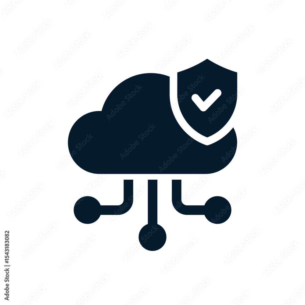 Poster cloud, shield. concept of personal data protection. vector linear icon isolated on white background.