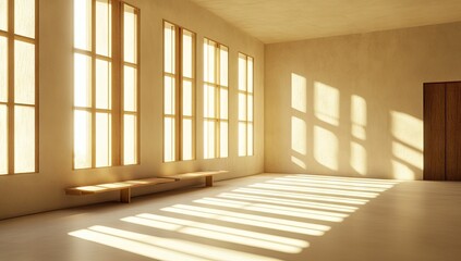 Sunlight streams into a minimalist beige room, casting long shadows