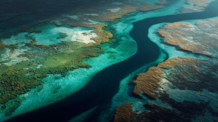 Fototapeta premium Aerial View of a Turquoise River Meandering Through a Coral Reef