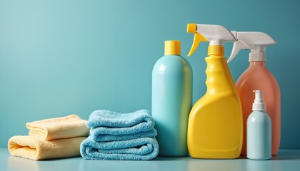 Set of cleaning products with sprays liquids towels on table. Housekeeping equipment concept. Home hygiene tools, disinfectant, domestic supplies. Cleanliness household maintenance.