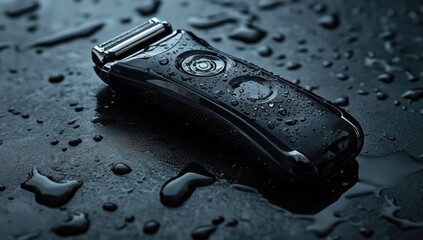 Close-up of a black electric razor on a dark surface with water droplets