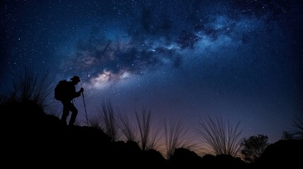 Night Hike under the Milky Way: A lone hiker's silhouette is dramatically outlined against the breathtaking expanse of the night sky, the Milky Way galaxy arcing majestically overhead. 