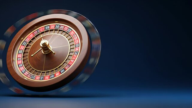 Spinning casino roulette wheel on a dark blue background. Concept of game, risk, luck and betting. Gambling entertainment footage.