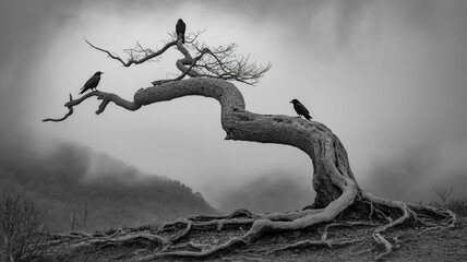 A black and white atmospheric photograph of a twisted, gnarled tree with bare branches against a misty background.