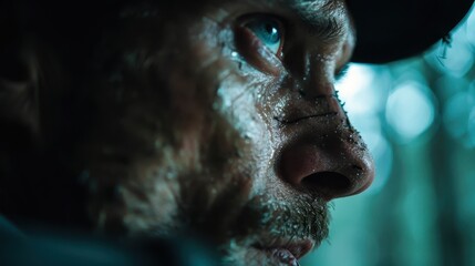 A rugged warrior gazes intensely into the distance, showcasing determination and resilience amid the wilderness, with raindrops and sweat enhancing the rawness of the moment.