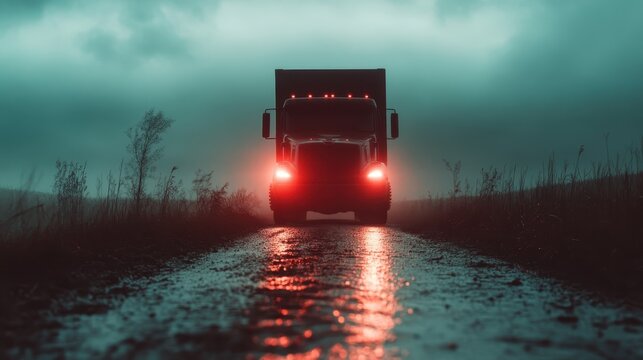 A striking silhouette of a truck illuminates a dark, rainy road, evoking feelings of intrigue and uncertainty while surrounded by a moody, atmospheric landscape.