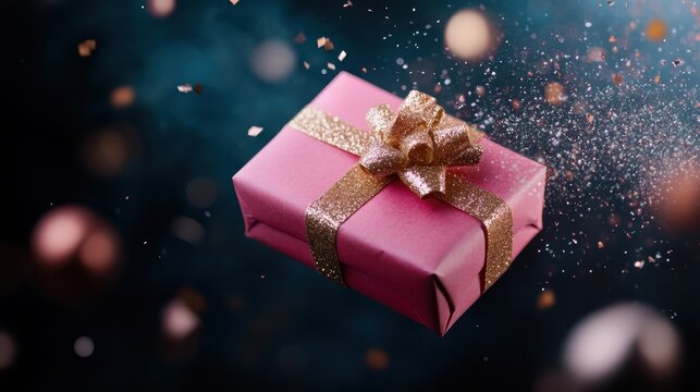 A beautifully wrapped pink gift box radiates excitement and warmth as sparkles illuminate the scene, evoking a sense of joy and celebration suitable for any festive occasion.