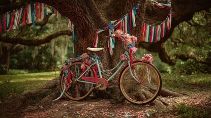 A vintage bicycle adorned with flowers and ribbons rests against a large oak tree.