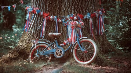 A blue bicycle is festively decorated with red white and blue ribbons under a large tree.