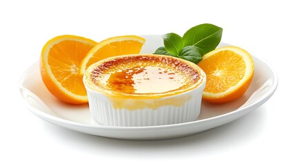 Portion of dessert creme brulee with caramel crust in ramekin with orange slices on a plate
