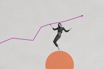 Pop collage of person stand dance circle figure under arrows graphs over grey background