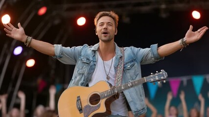 Singer performing live on stage with acoustic guitar