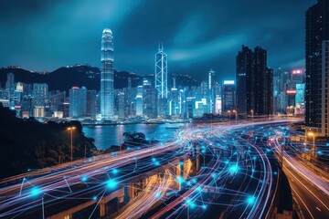 Obraz premium Fast-paced smart city with visible wireless data flow, Hong Kong at night, technology theme