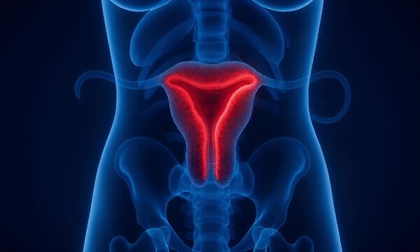 A detailed 3D anatomical illustration showcasing the female reproductive system, specifically highlighting the uterus with a highlighted red area indicating inflammation or potential pain