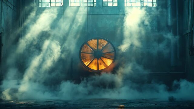 An eerie atmosphere fills an abandoned factory as shafts of sunlight pierce through dust-laden air. A large circular fan adds to the haunting industrial charm of the setting.