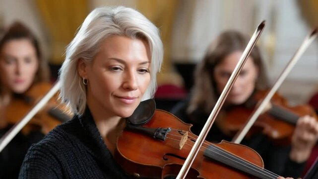 Violinist playing with string quartet in concert hall