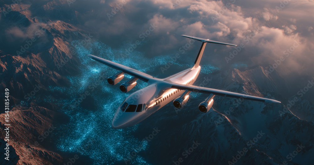 Poster A cargo aircraft equipped with advanced autopilot systems navigates through a cloudy sky above rugged mountains. The flight is transporting freight while ensuring safe passage.