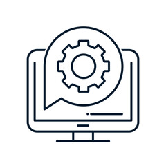 Computer, speech bubble, gear. Online chat technical support concept. Vector linear icon isolated on white background.