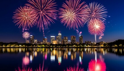 Obraz premium Colorful fireworks illuminate a city skyline at night, reflecting on a calm lake. The scene captures a festive atmosphere and celebration.