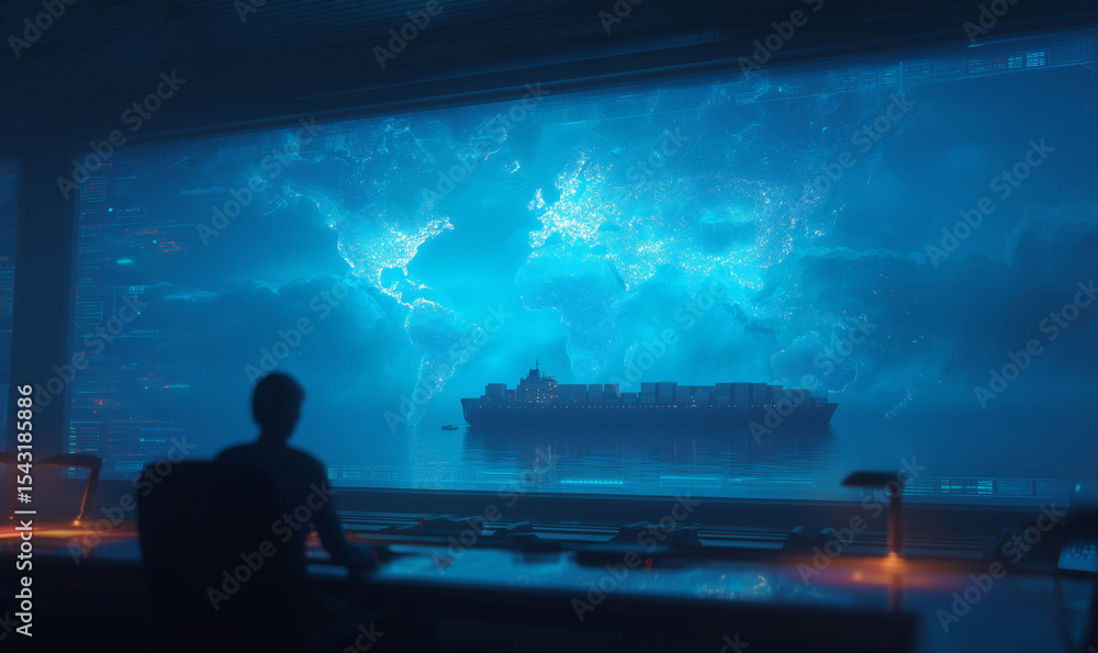 Poster A person oversees a cargo ship navigating through waters, utilizing a high-tech control room. The screen displays a world map glowing with data, indicating tracking capabilities in real-time.