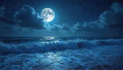 Night seascape. Moon illuminates ocean waves under starry sky. Dark blue water reflects moonlight. Calm, serene, tranquil, peaceful view. Nature landscape, coastal scene.