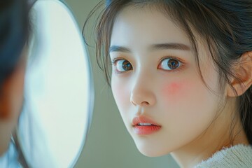 Asian young woman examining her face in the mirror, noticing red rash caused by cosmetic allergy, reflecting the importance of skin care awareness., Generative AI