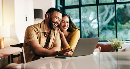 Planning, laptop and laughter with couple in kitchen for travel itinerary, flight booking and vacation package. Passport application, discussion and airline review with man, woman and love in home