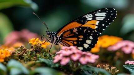 Fototapeta premium A stunning close-up of a monarch butterfly resting delicately on bright flowers, showcasing the vivid colors and intricate patterns of nature, symbolizing beauty and transformation.
