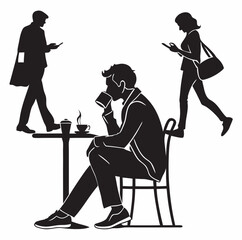 Silhouette of people walking and sitting at a table drinking coffee and using their cellphones outside cafe created with generated ai