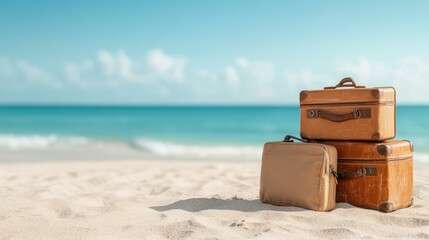 Three vintage suitcases rest on the sandy beach, evoking feelings of travel and adventure. The ocean waves in the background enhance the nostalgic vibe of exploration.