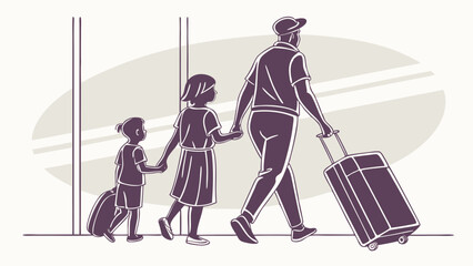 Illustration of a father with two children walking with luggage at an airport terminal together on vacation created with generated ai