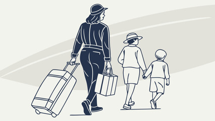 Woman with luggage and two children walking away in a line art style illustration on a light background created with generated ai