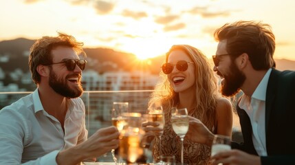 A trio of friends joyously clinking glasses together during a sunset gathering, capturing the essence of friendship, celebration, and shared moments against a stunning backdrop.