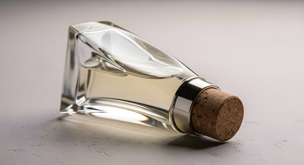 A sleek, transparent glass bottle with a cork stopper, perfect for storing premium spirits or essential oils.