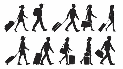 Silhouettes of people walking with luggage and bags representing travel and transportation scenes created with generated ai