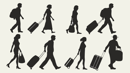 Silhouettes of people traveling with luggage and bags in a minimalist monochrome art style design created with generated ai