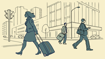 People walking in a city with buildings cars and a traffic light on a sunny day illustration created with generated ai