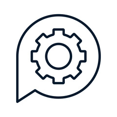 Speech bubble, gear. Concept of technical support chat service. Vector linear icon isolated on white background.