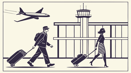 Illustration of people with luggage at airport with plane and control tower in the background created with generated ai