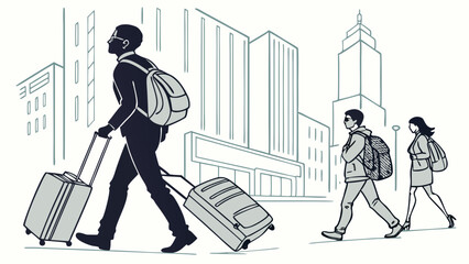 People walking with luggage in a city setting with buildings and a skyscraper in the background view created with generated ai