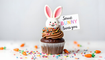 Chocolate cupcake with bunny topper and colorful sprinkles on white background  