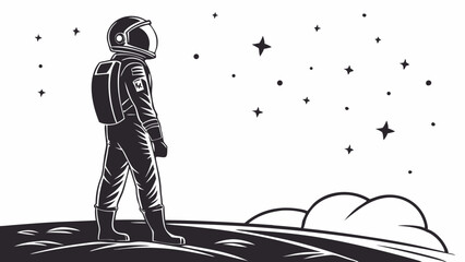 Astronaut standing on a planet surface gazing at the stars in a black and white illustration created with generated ai