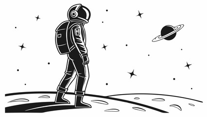 Astronaut walking on a planet surface with saturn and stars in a black and white space scene art created with generated ai