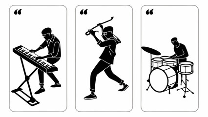 Three musicians playing instruments on individual cards in black and white illustration style created with generated ai